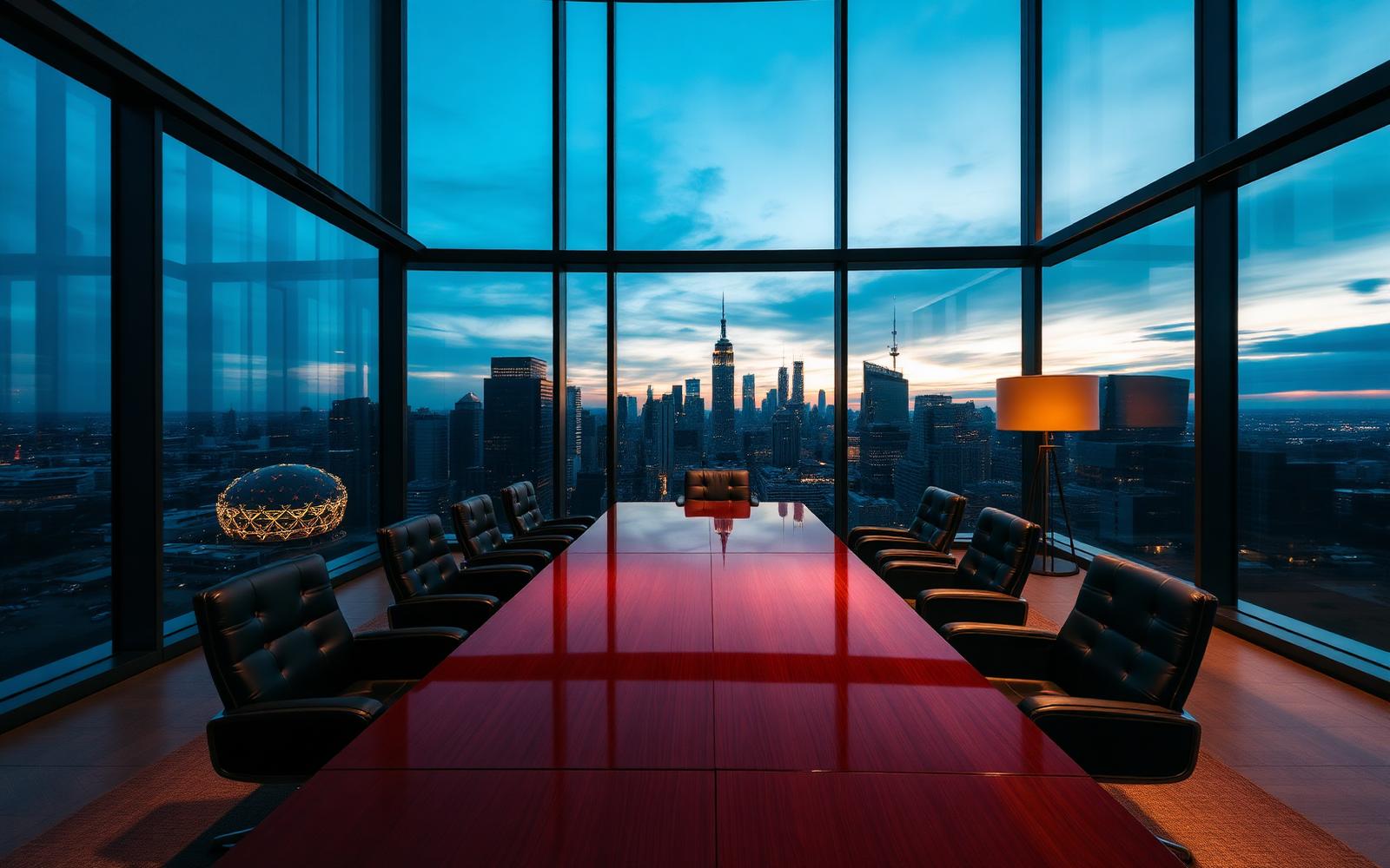 Modern corporate boardroom overlooking a city skyline